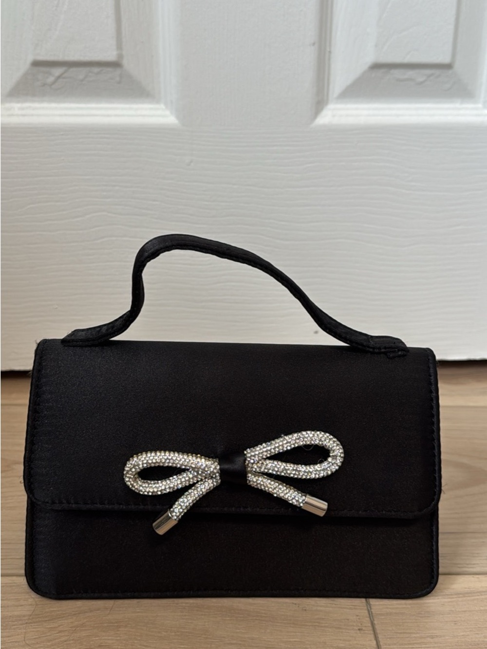 Shiraleah Black Satin Top-Handle Bag with Crystal Bow Accent